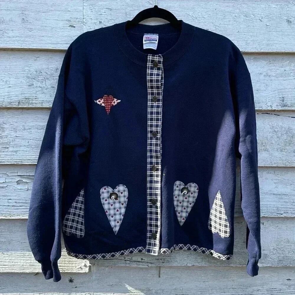 Navy Patchwork Heart and Plaid Button-Front Cardigan